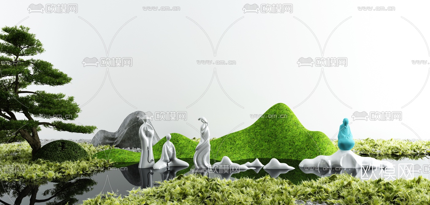 新中式庭院水景园艺小品3d模型下载