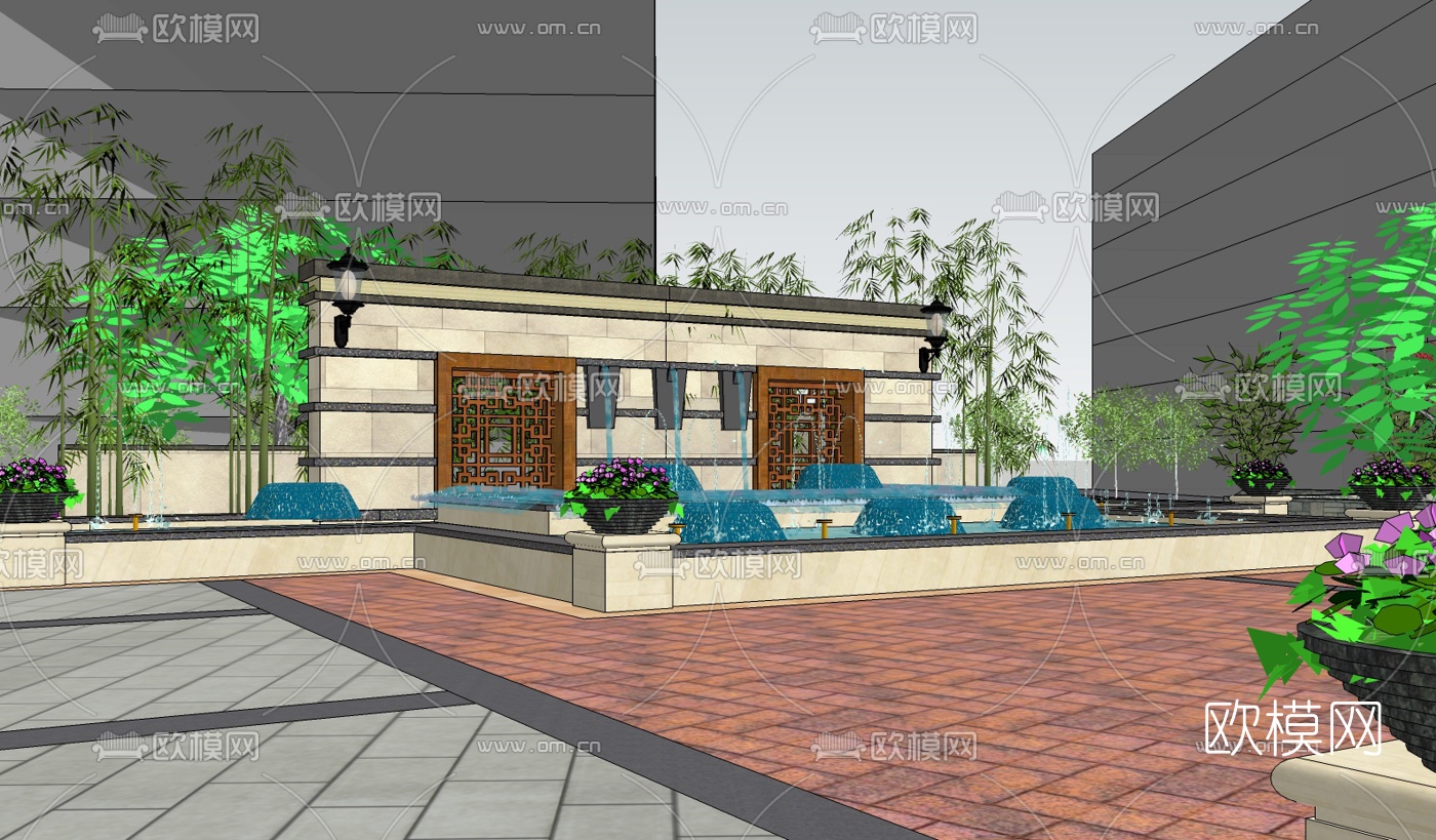 中式广场景观su模型下载（渲染图2）