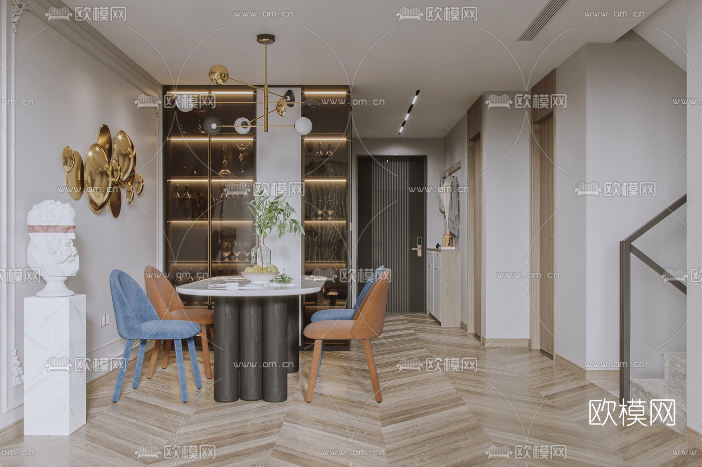 简欧复式客厅餐厅3d模型