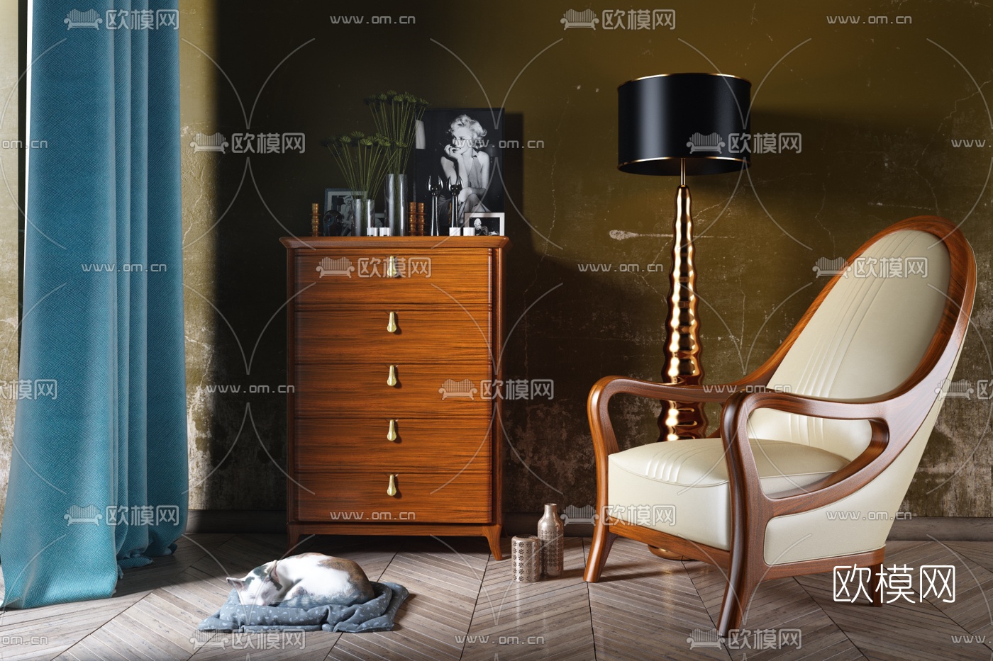 美式斗柜休闲椅组合3d模型下载