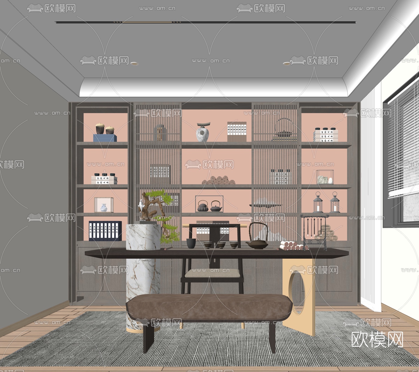 新中式茶室su模型下载（渲染图2）