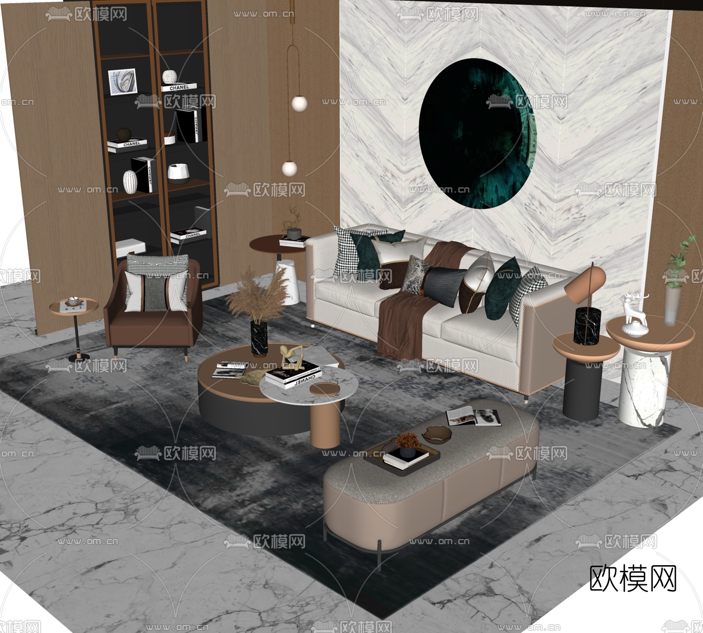 现代布艺组合沙发免费su模型下载