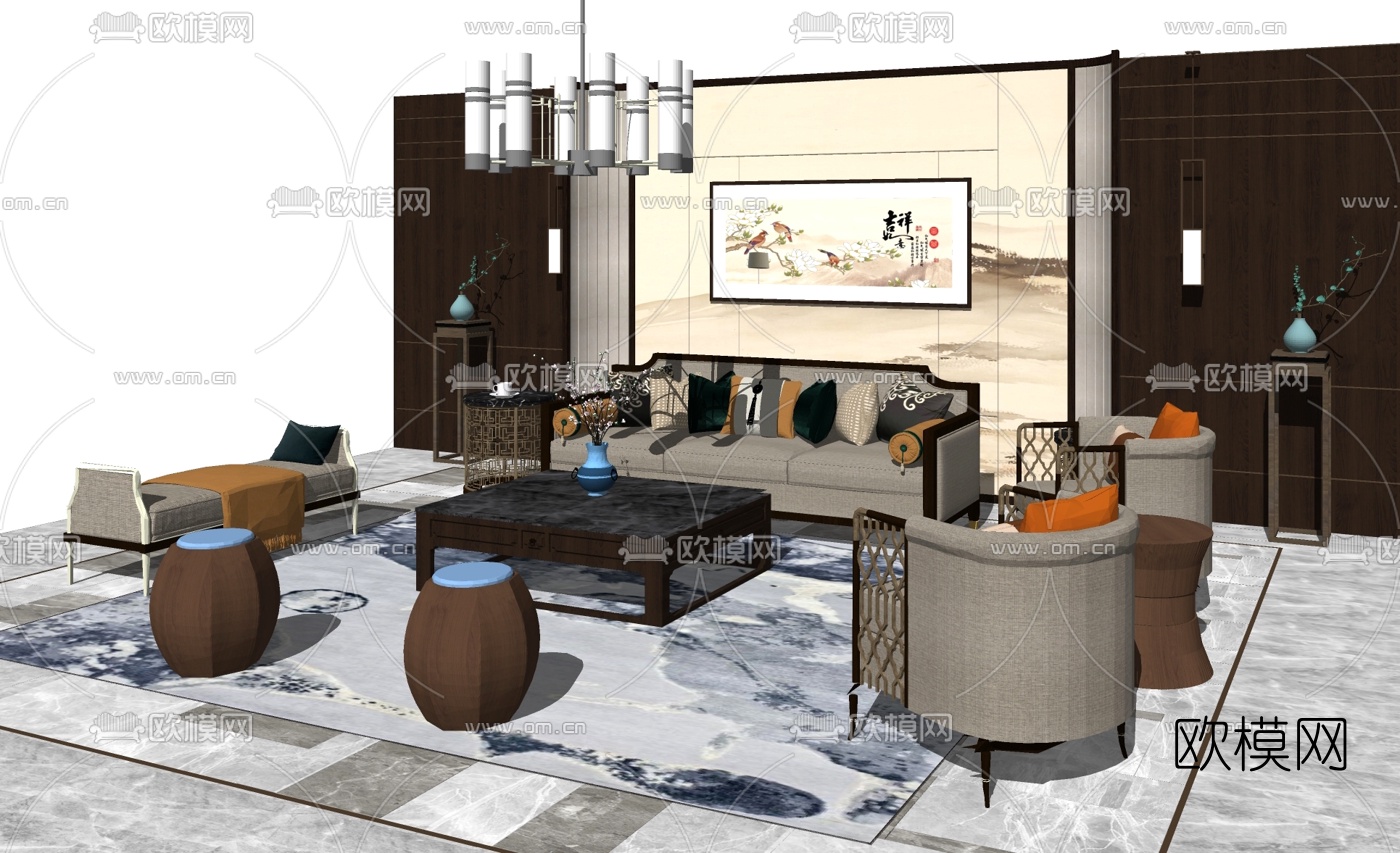 新中式轻奢沙发组合su模型下载（渲染图2）