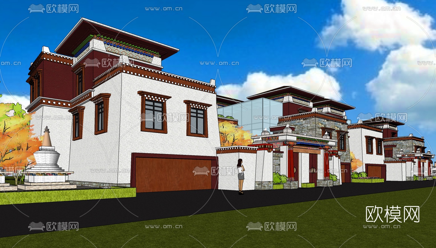 藏式连排别墅su模型下载（渲染图1）