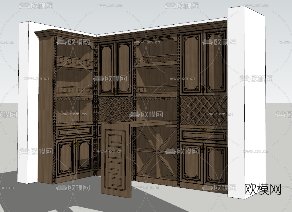 中式转角酒柜su模型下载（渲染图3）