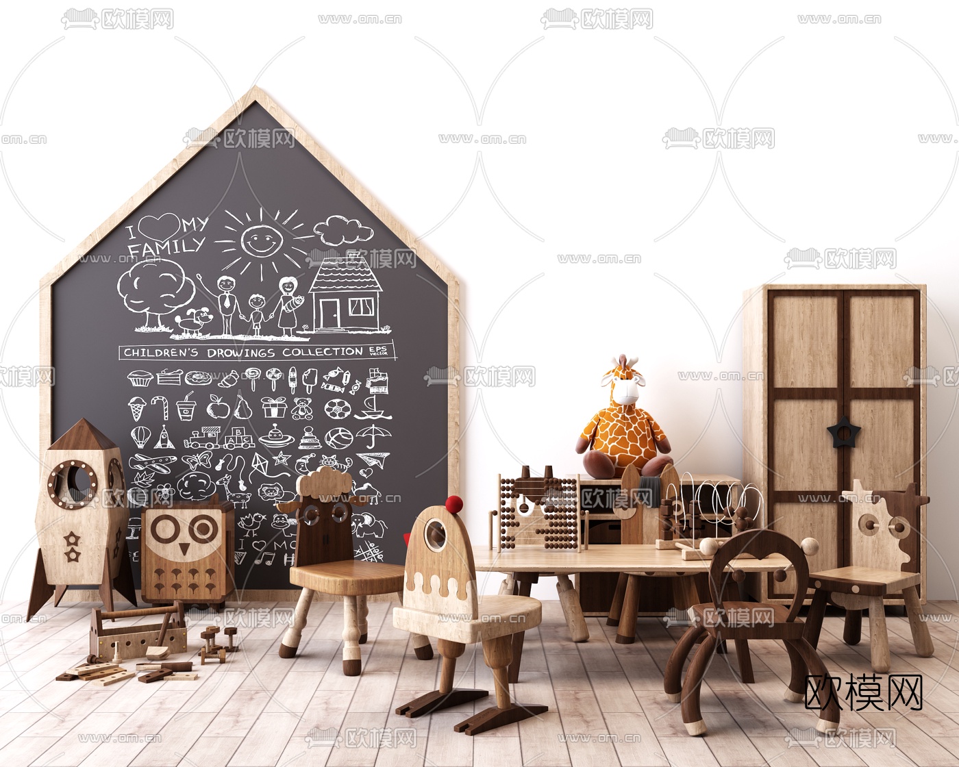 现代儿童桌椅矮凳玩具边柜组合3d模型下载