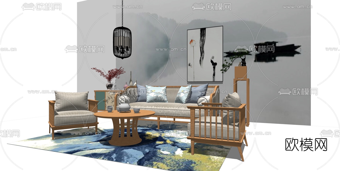 新中式沙发组合su模型下载（渲染图1）