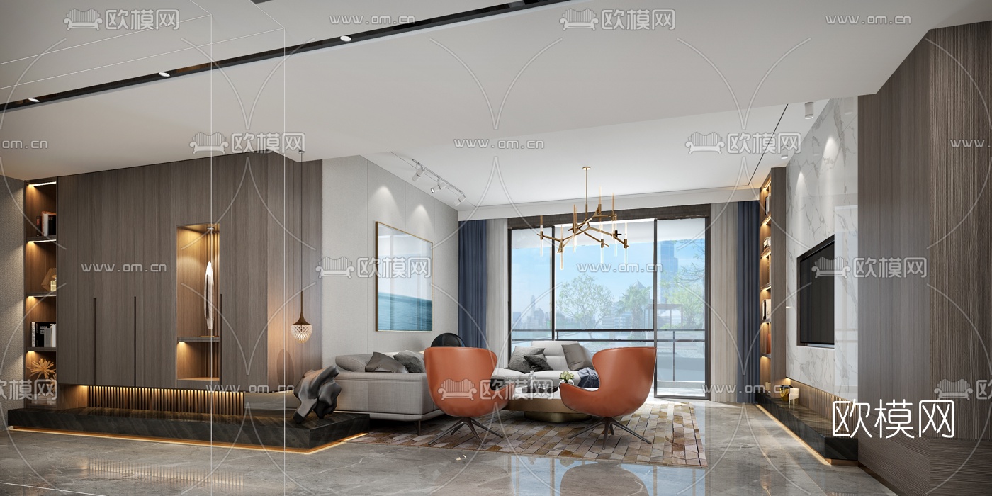 后现代客厅餐厅3d模型下载（渲染图2）