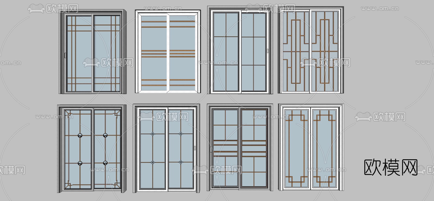 新中式玻璃推拉门组合su模型下载