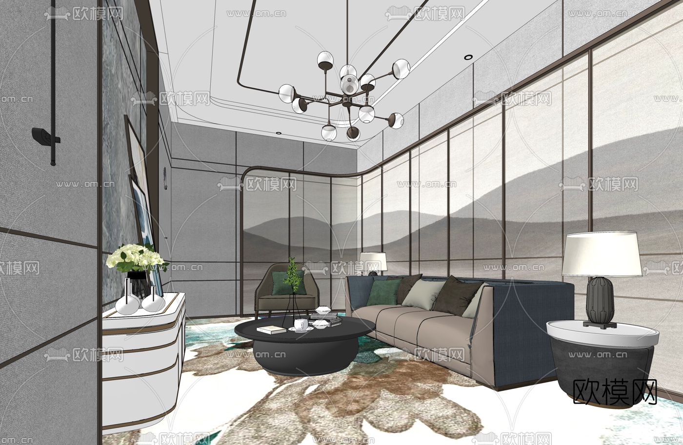 新中式酒店洽谈室su模型下载