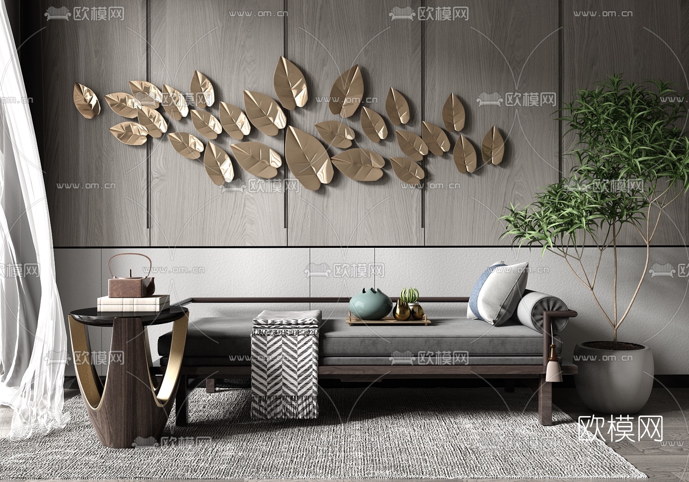 现代轻奢沙发凳su模型下载（渲染图1）