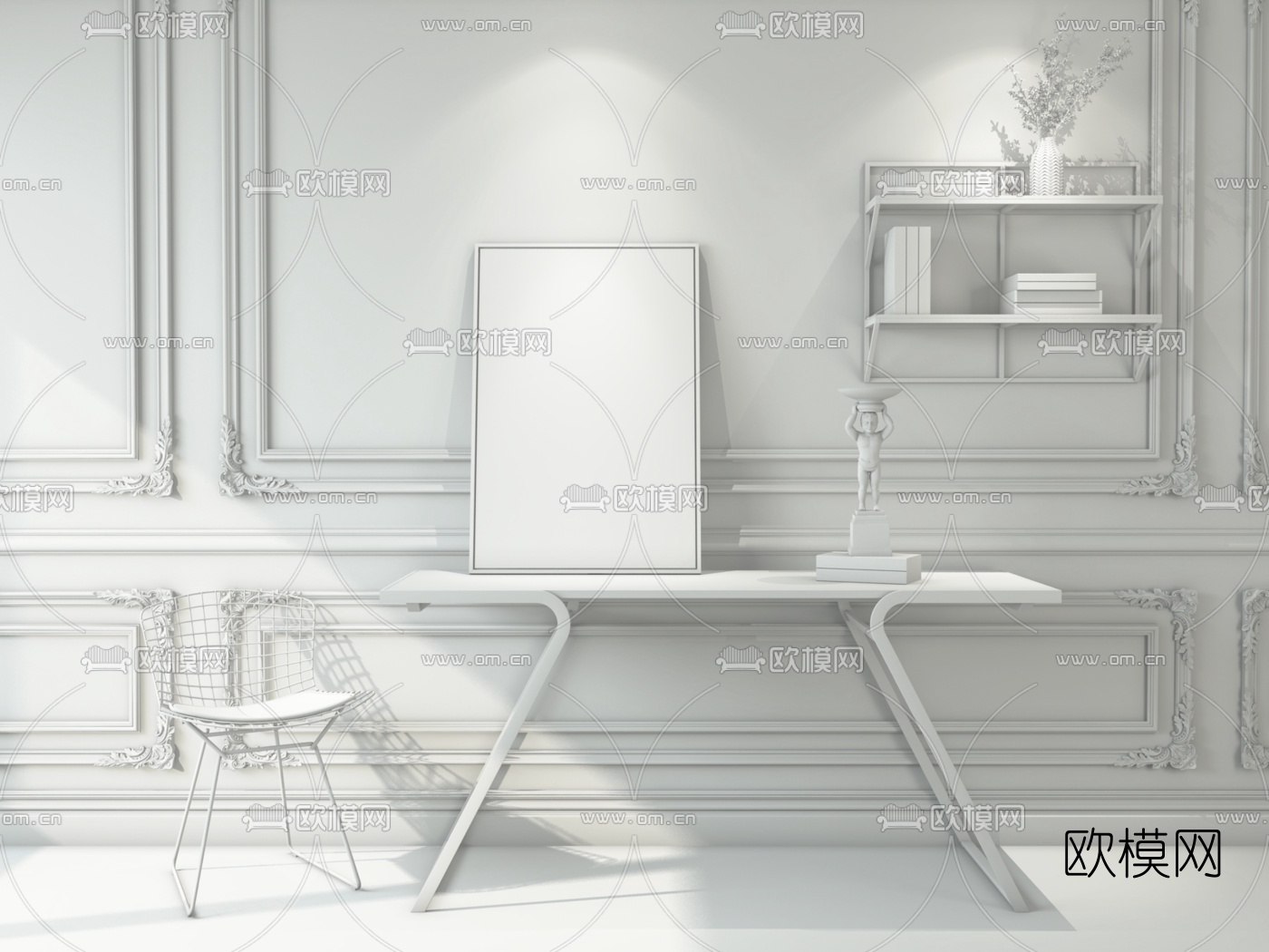 后现代玫瑰金端景条案单椅置物架装饰画摆件3D模型下载（渲染图2）