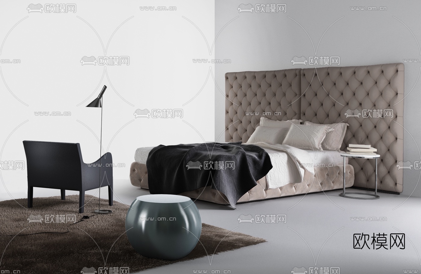 意大利MERIDIANI品牌 现代灰色布艺双人床3d模型下载
