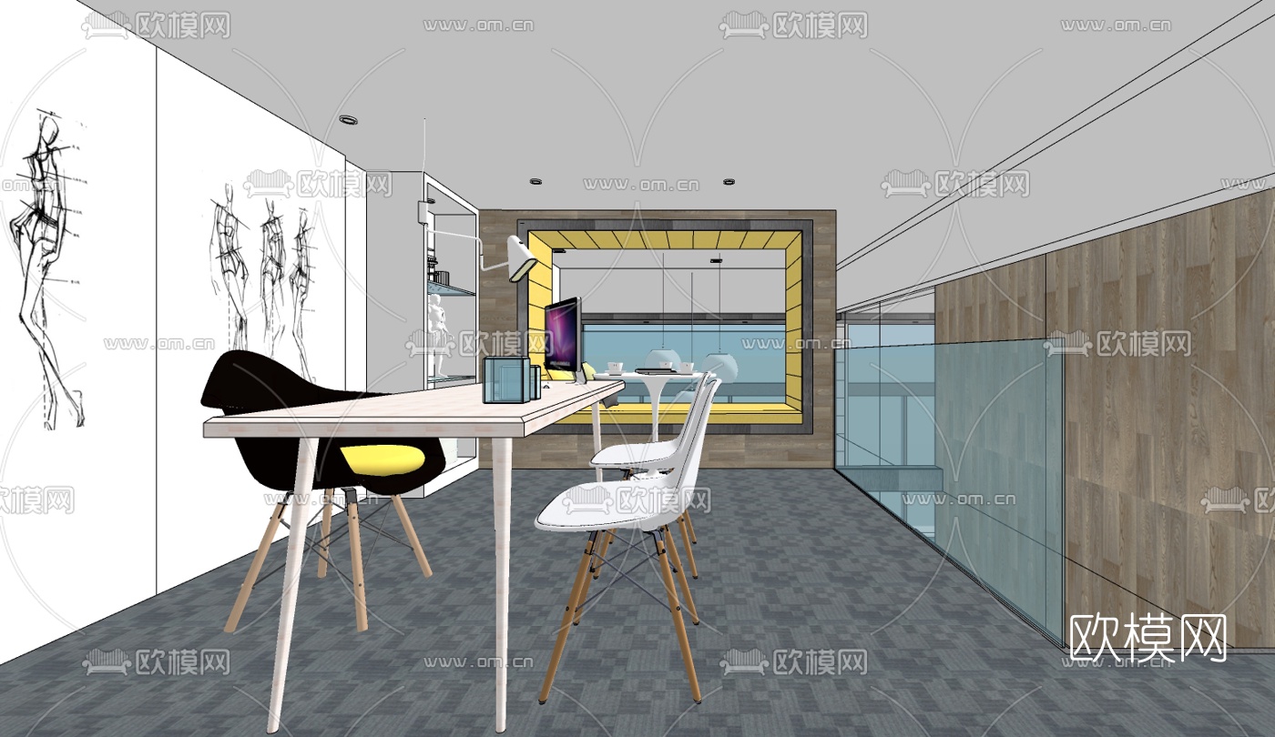 现代办公区免费su模型下载（渲染图6）