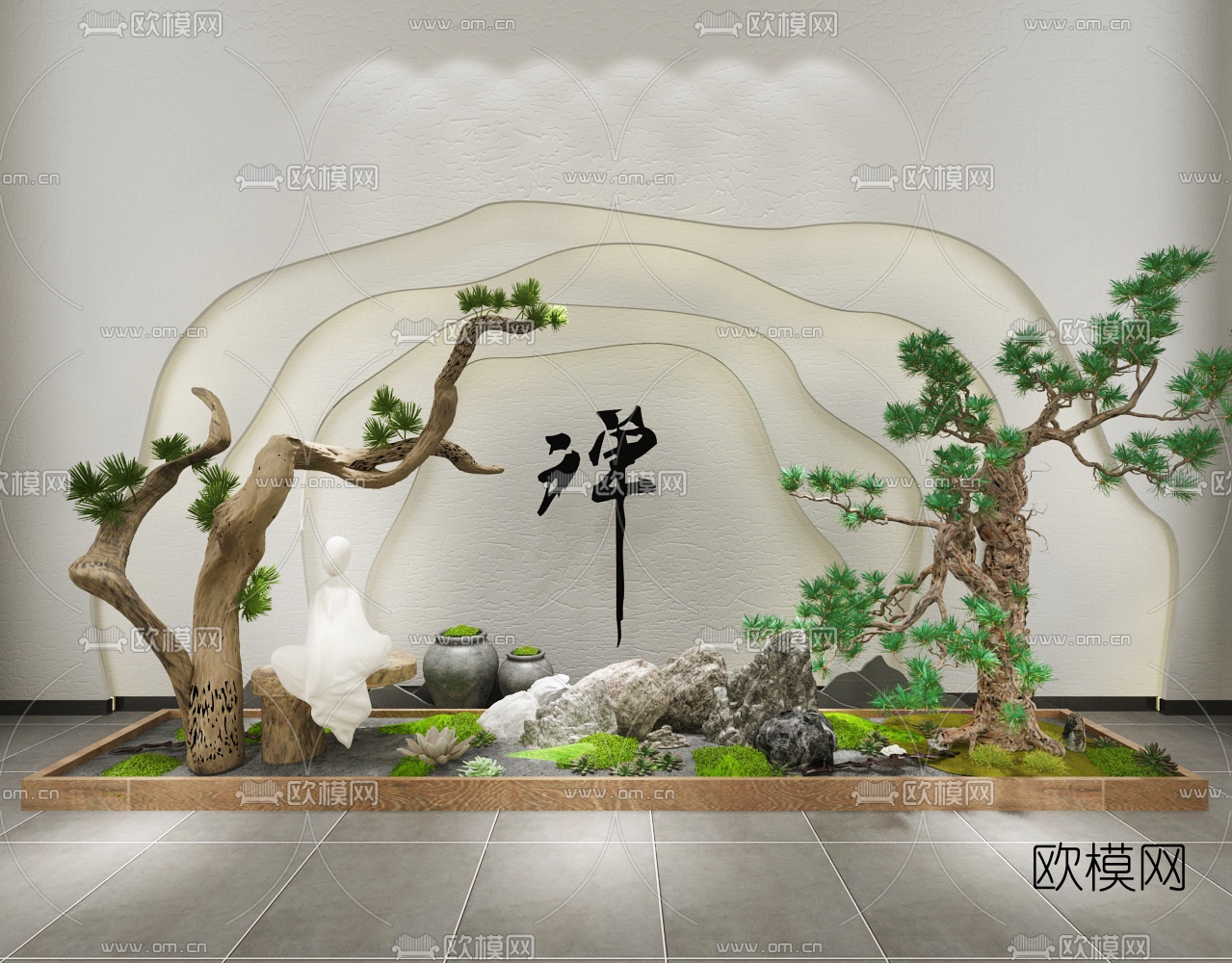 新中式禅意松树景观小品3d模型