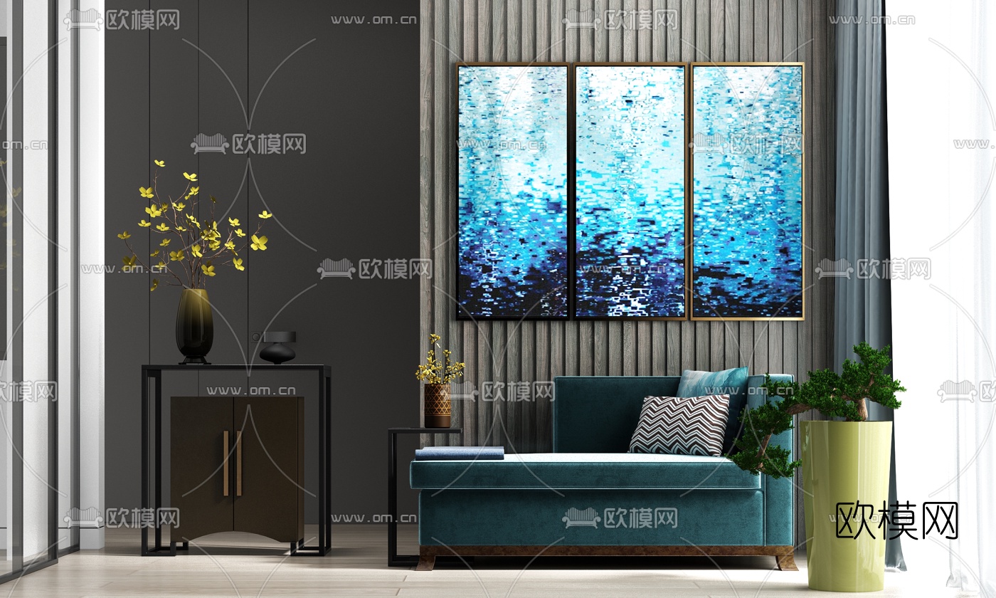 现代绒布贵妃椅组合3d模型
