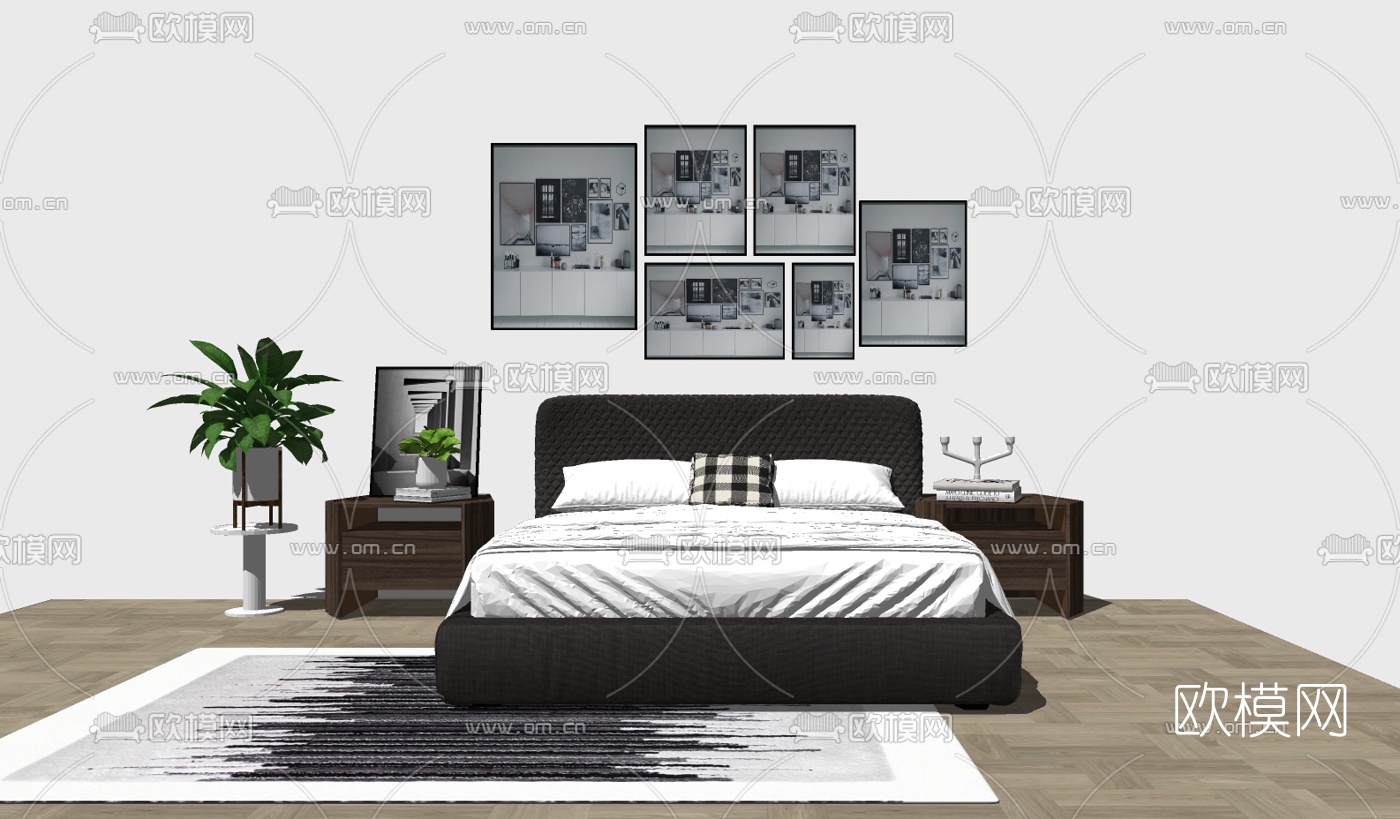 北欧双人床su模型下载（渲染图2）