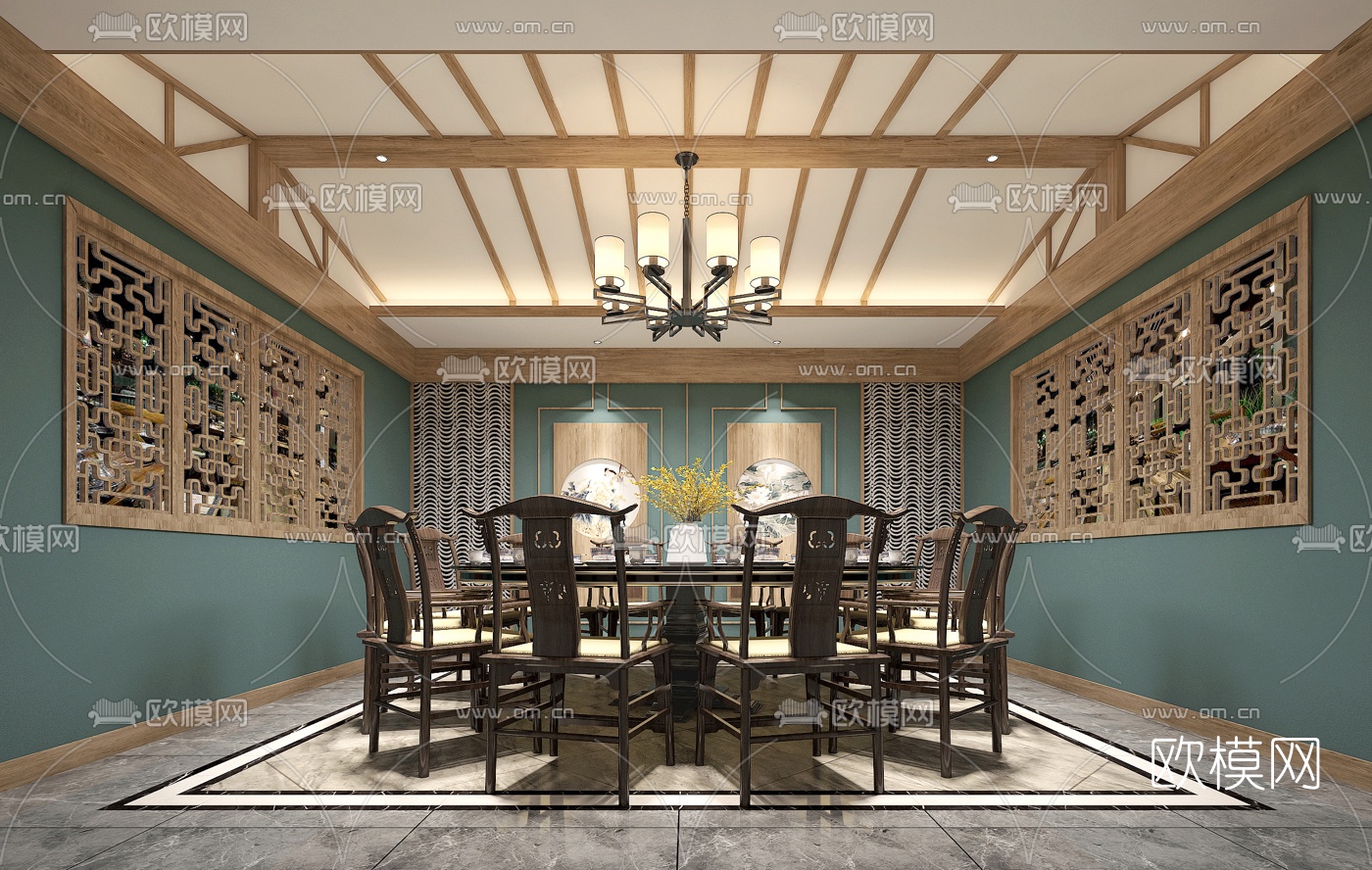 新中式餐厅包房免费3d模型-免费3dmax模型库-欧模网