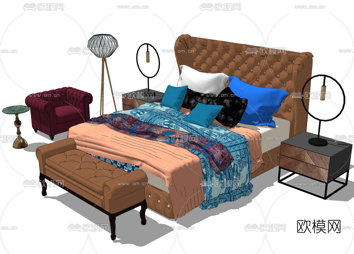欧式皮革双人床su模型下载（渲染图1）