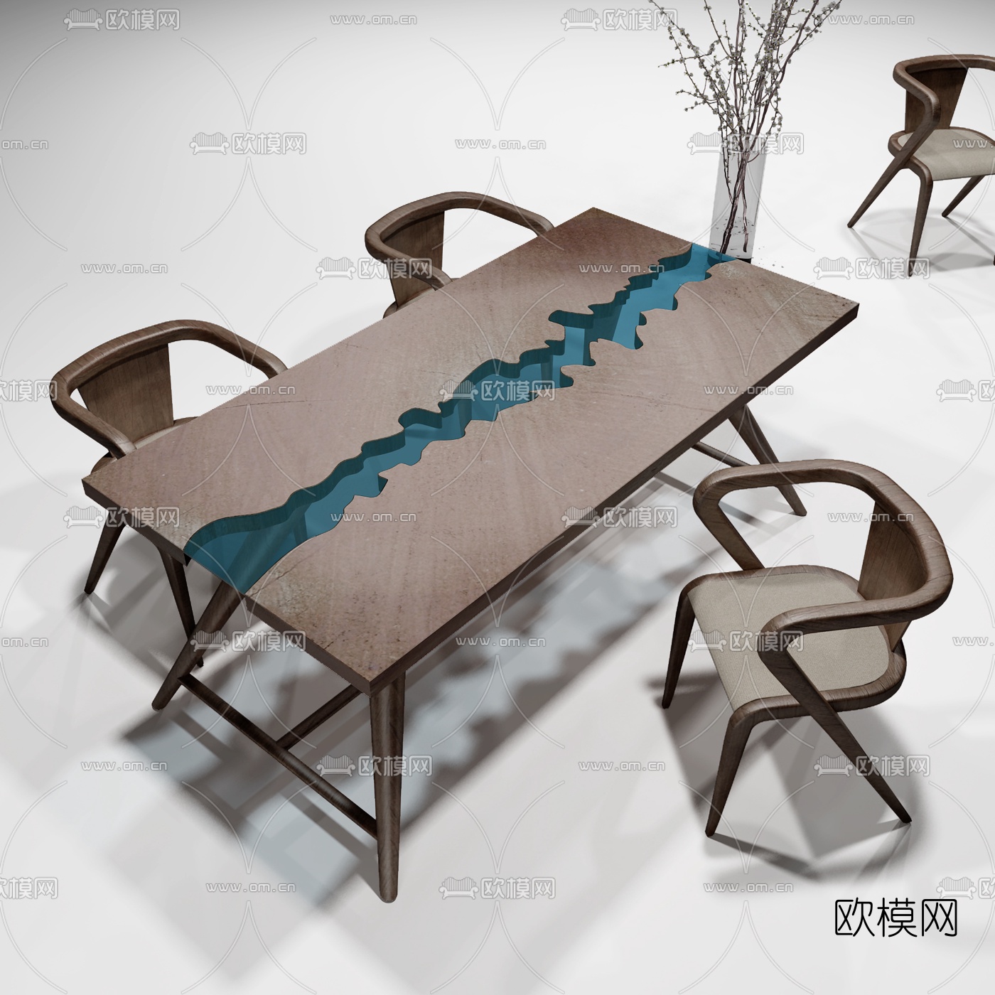 新中式实木餐桌椅组合3D模型