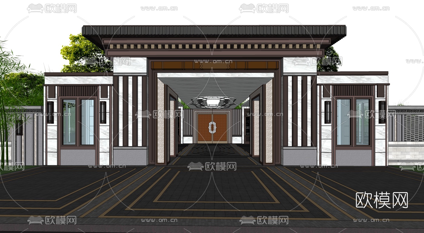 新中式小区入口su模型