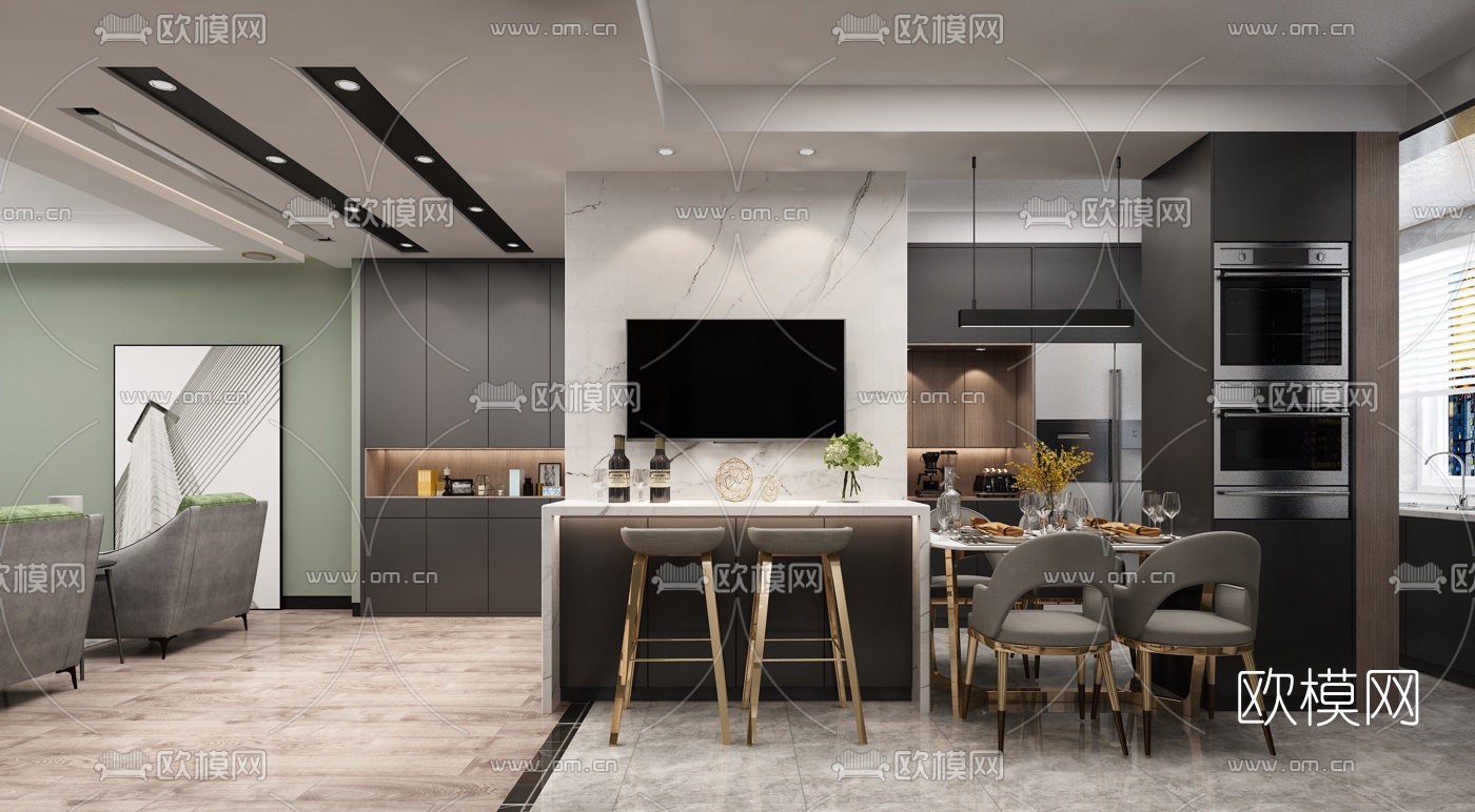 北欧轻奢客厅餐厅厨房3d模型