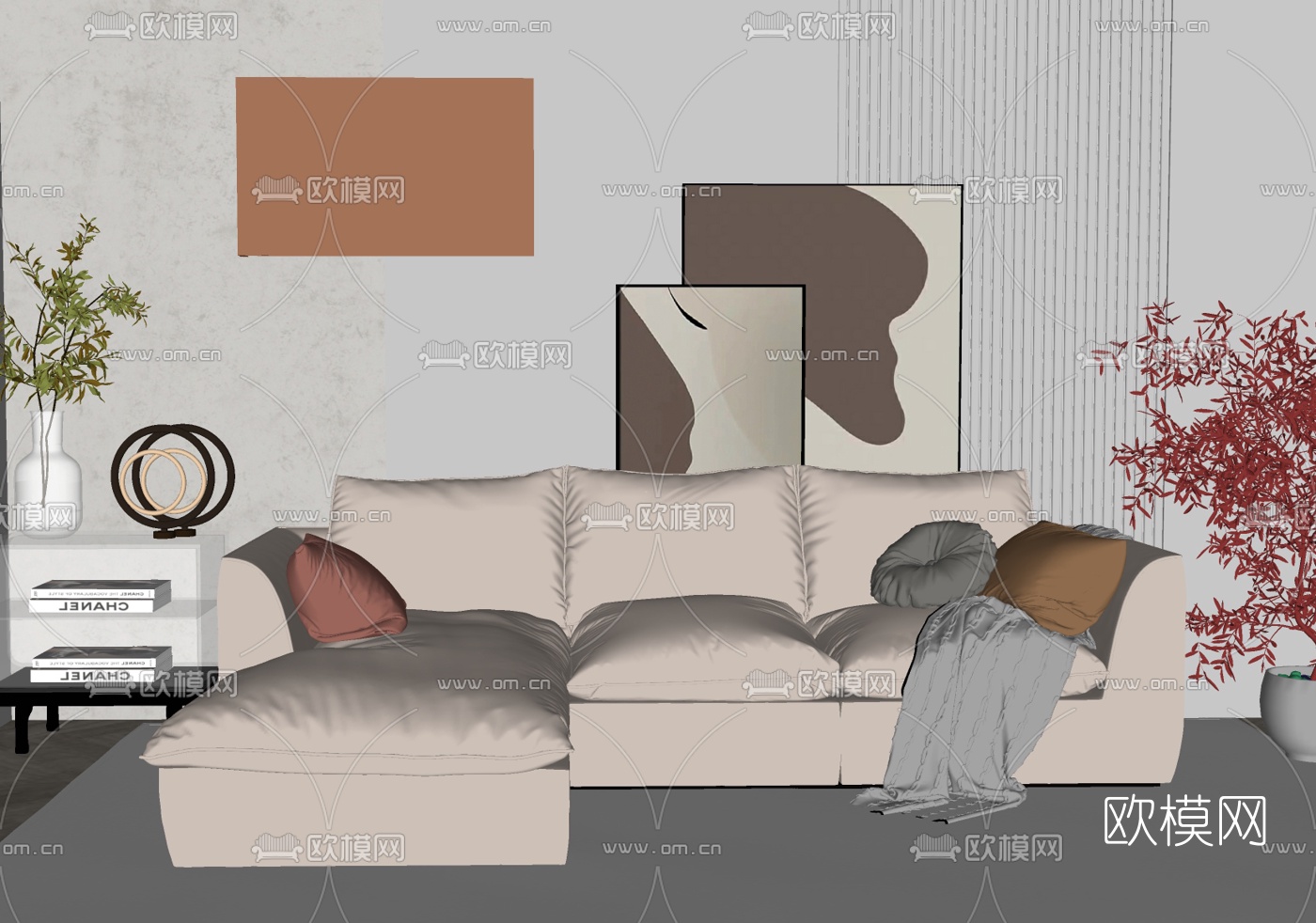 现代布艺转角沙发su模型下载（渲染图2）