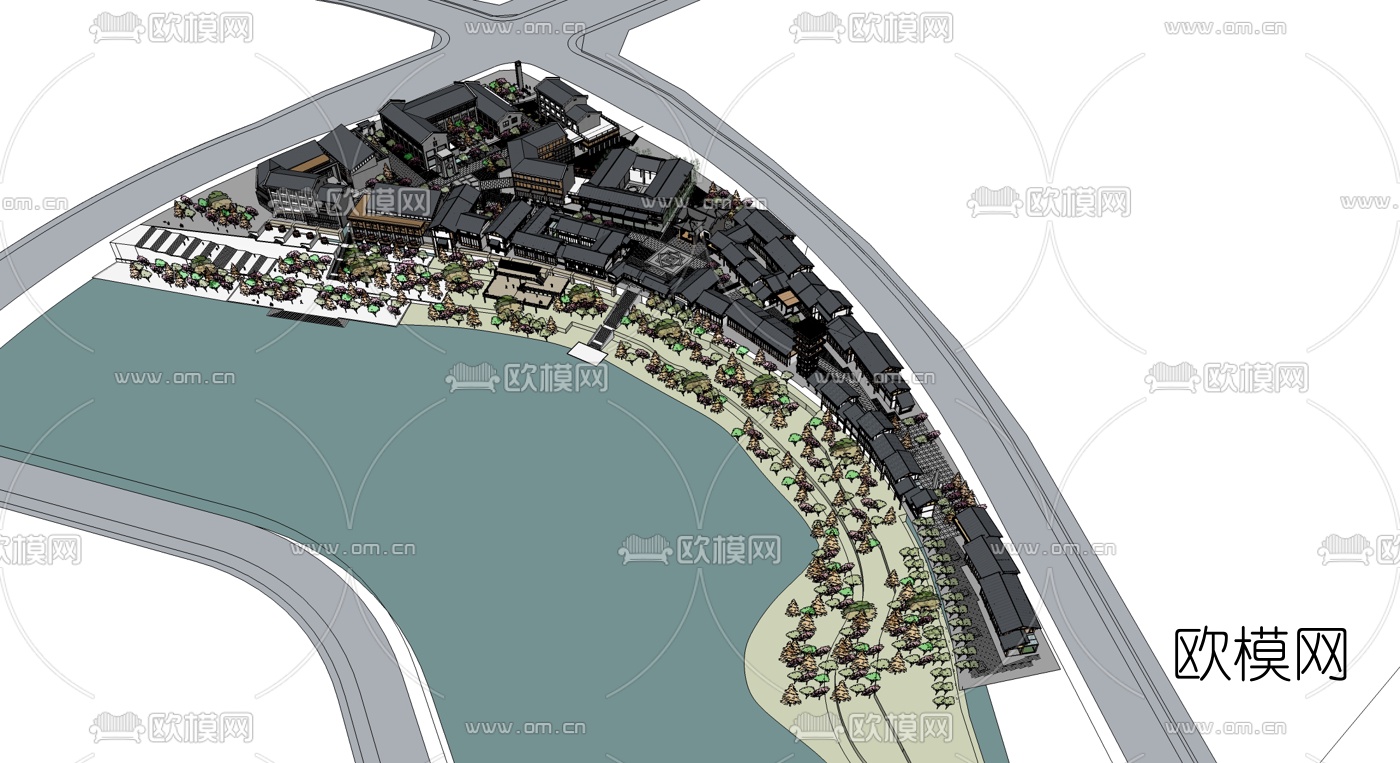 中式民俗商业街设计su模型下载（渲染图2）