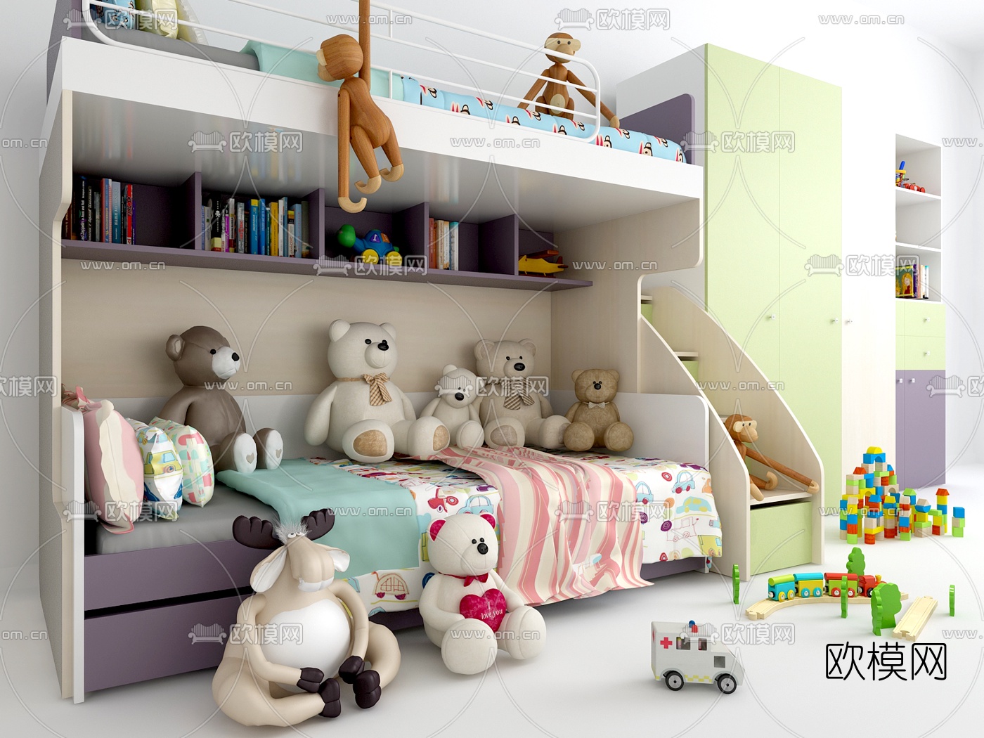 现代儿童床儿童柜玩具3d模型下载