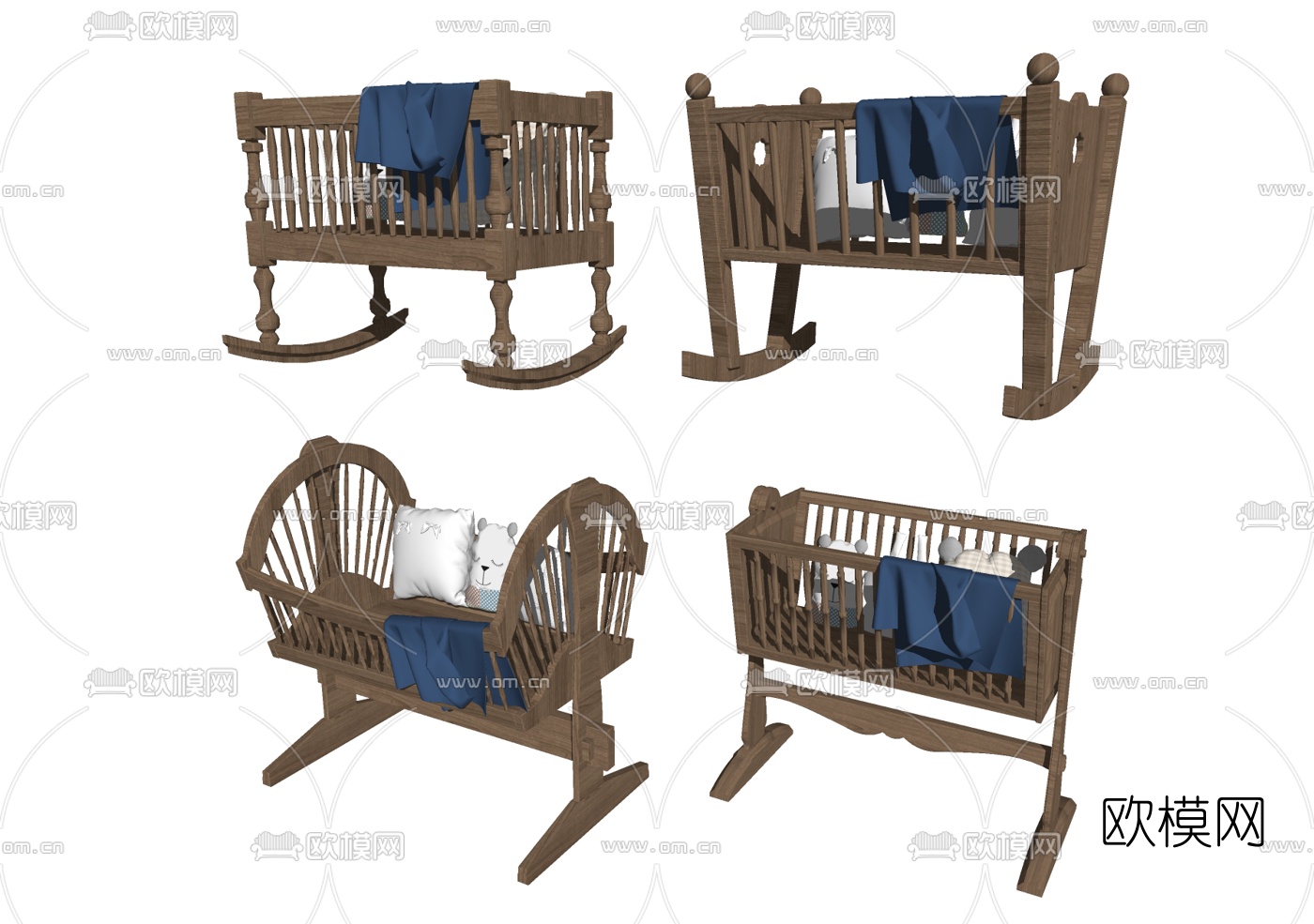 美式实木婴儿床组合su模型下载