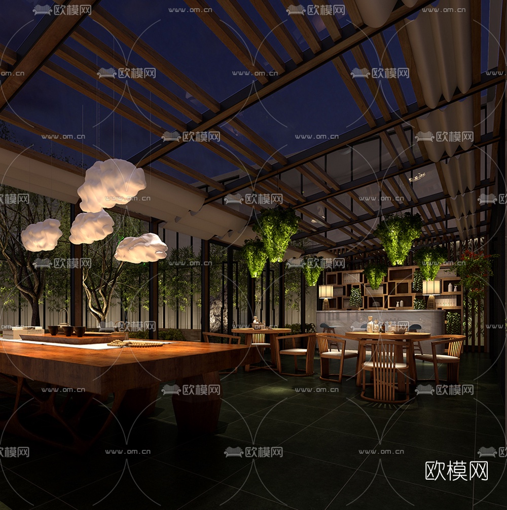 新中式阳光房休闲餐厅3D模型