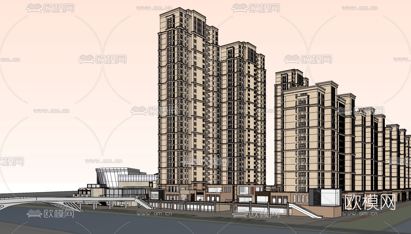 新古典高层公寓楼su模型下载（渲染图2）
