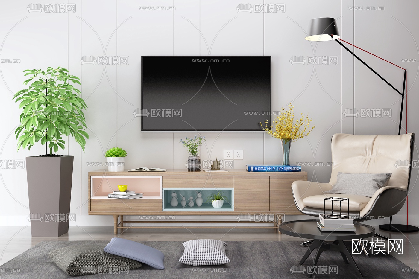 北欧电视柜休闲椅茶几摆件组合3D模型下载