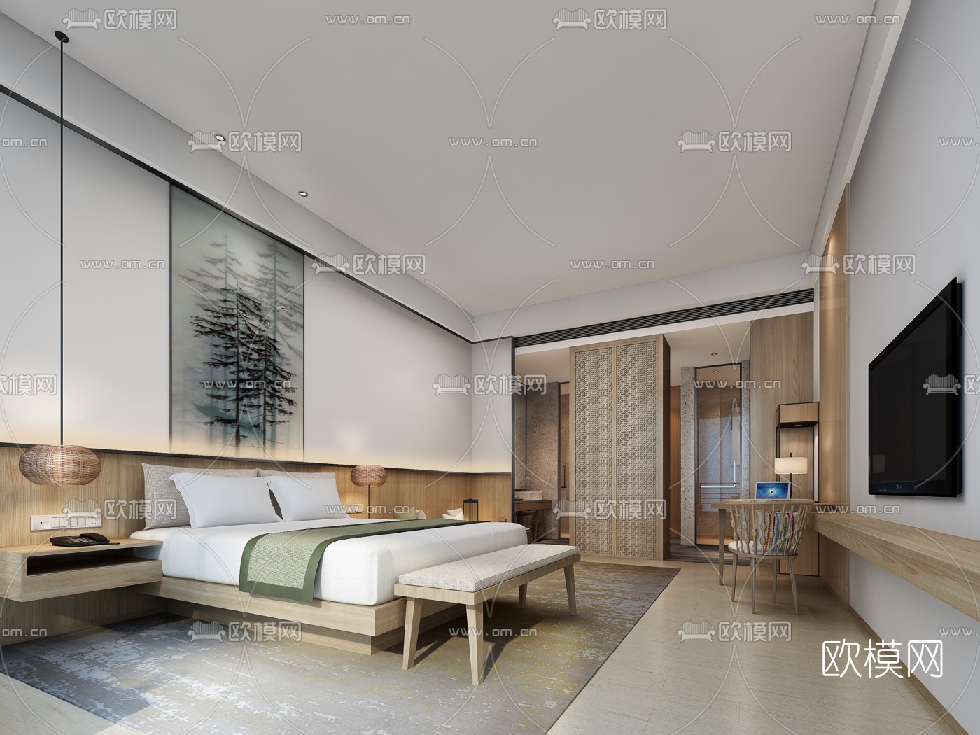新中式酒店客房3d模型下载_ID10283382_3dmax免费模型-欧模网