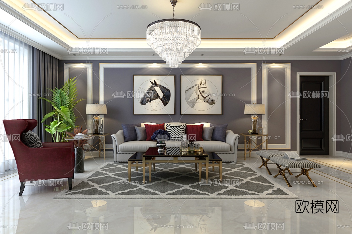 欧式客厅餐厅3d模型下载（渲染图1）