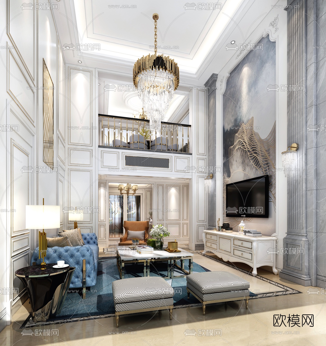 欧式别墅客厅3D模型-免费3dmax模型库-欧模网