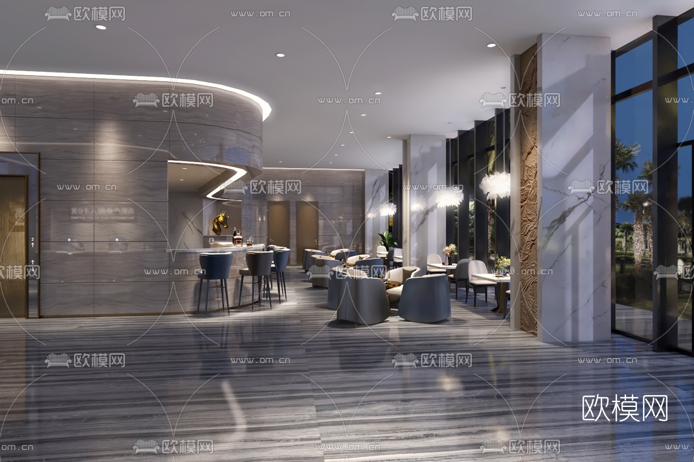 现代轻奢大堂吧3d模型下载（渲染图1）