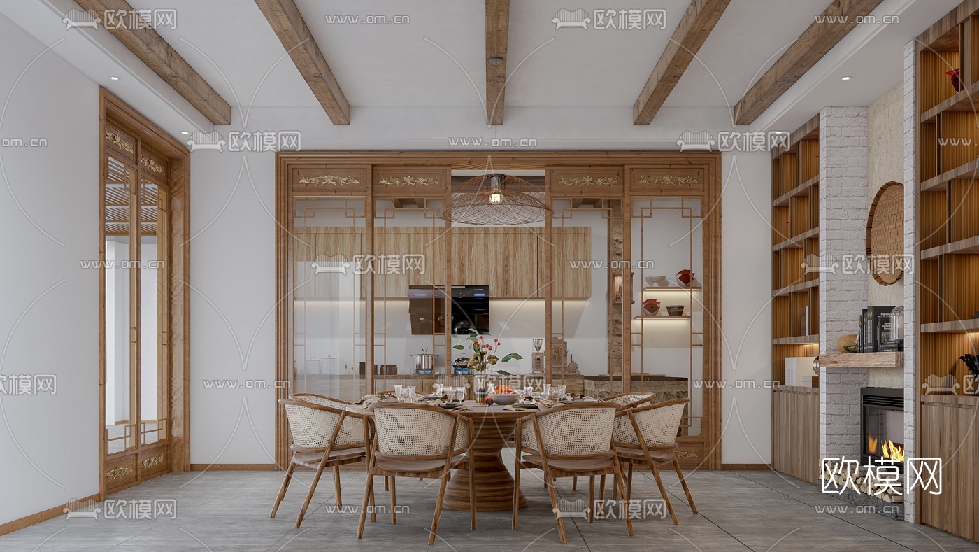 自然风民宿客餐厅3d模型下载（渲染图4）