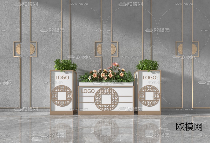 新中式花箱花坛盆栽3d模型下载(渲染图2)