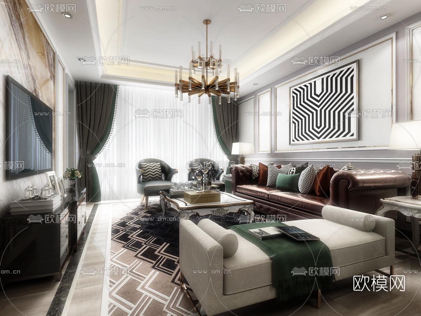 新古典客厅3d模型下载（渲染图1）