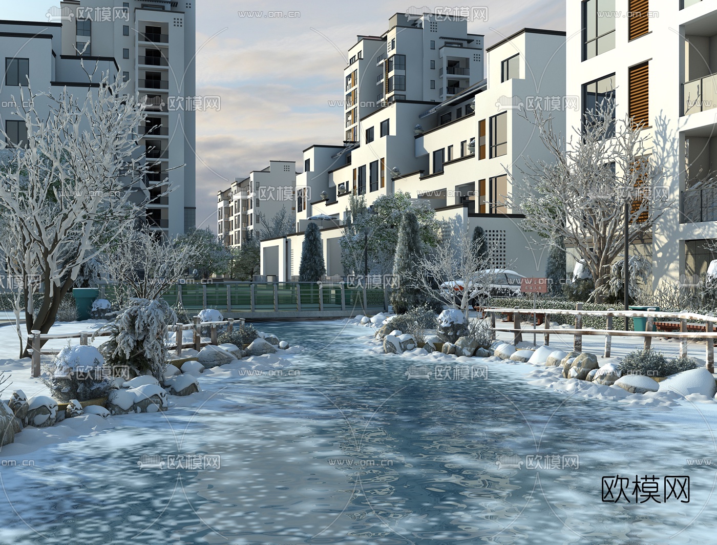 现代住宅小区雪景3d模型下载