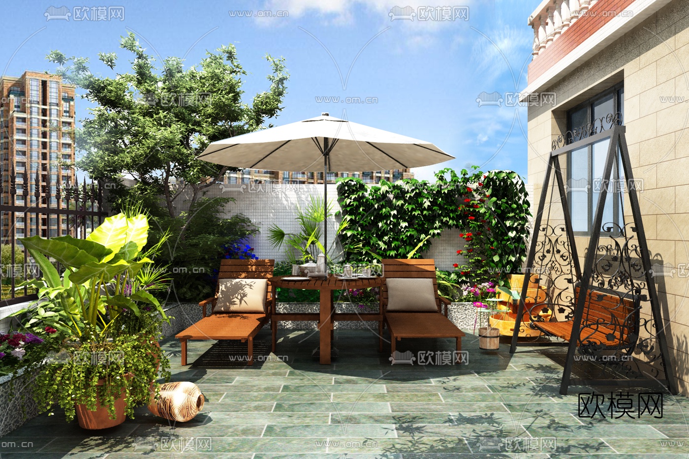 简欧庭院花园3d模型下载（渲染图1）