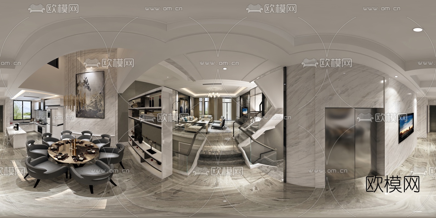 现代客厅餐厅厨房全景3D模型
