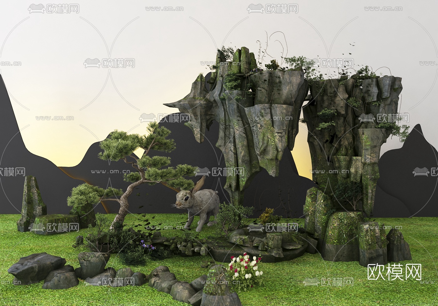 现代假山草地园艺景观3d模型下载
