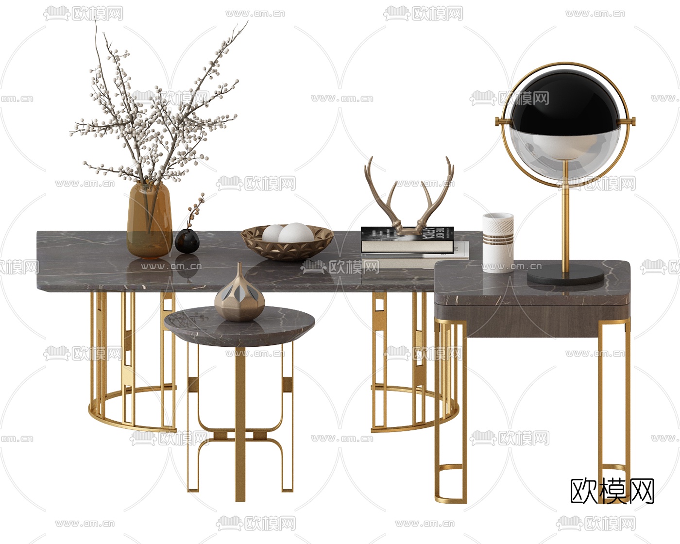 后现代轻奢角风圆几桌子组合3d模型下载