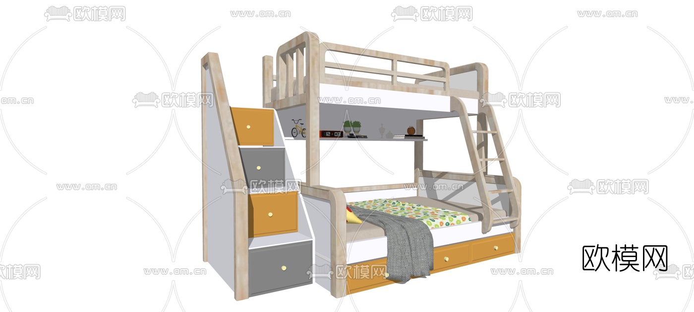 北欧实木儿童高低床su模型下载（渲染图1）