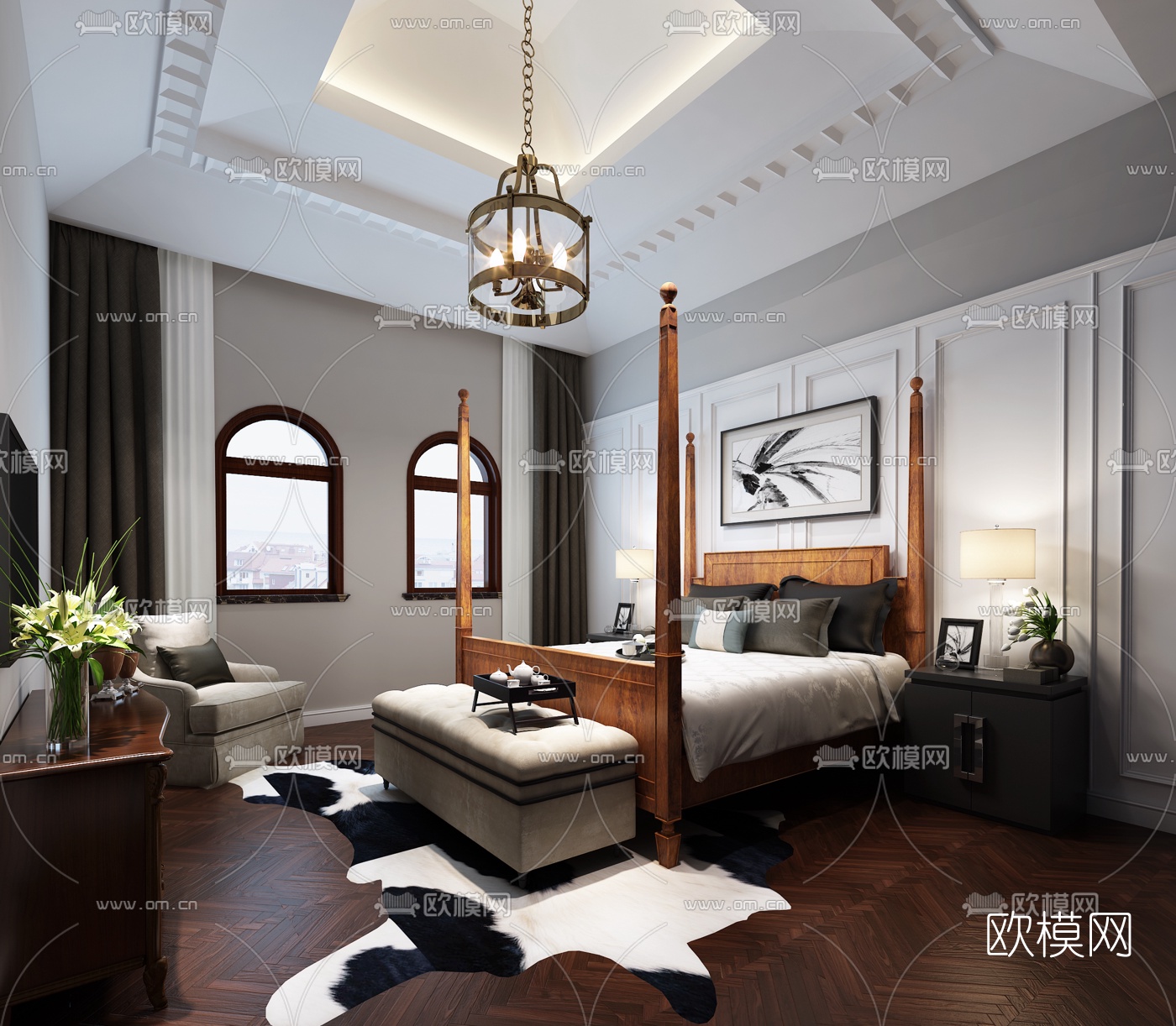 美式卧室空间3D模型下载_ID10505171_3dmax免费模型-欧模网