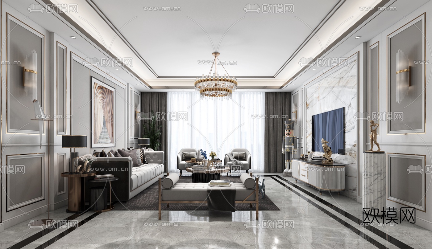 简欧轻奢客厅餐厅3d模型下载（渲染图2）