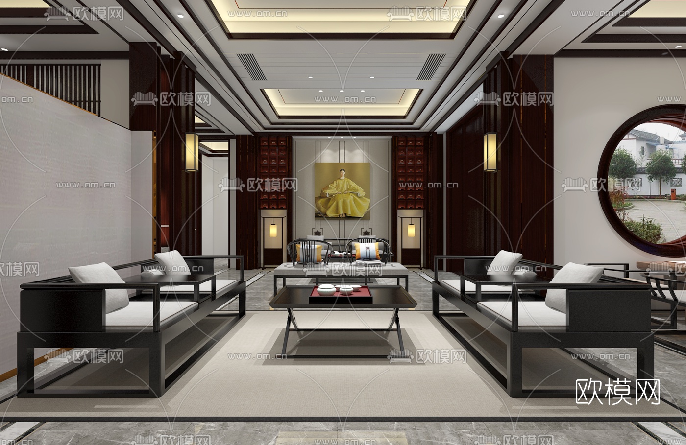 中式客厅空间3D模型下载（渲染图1）