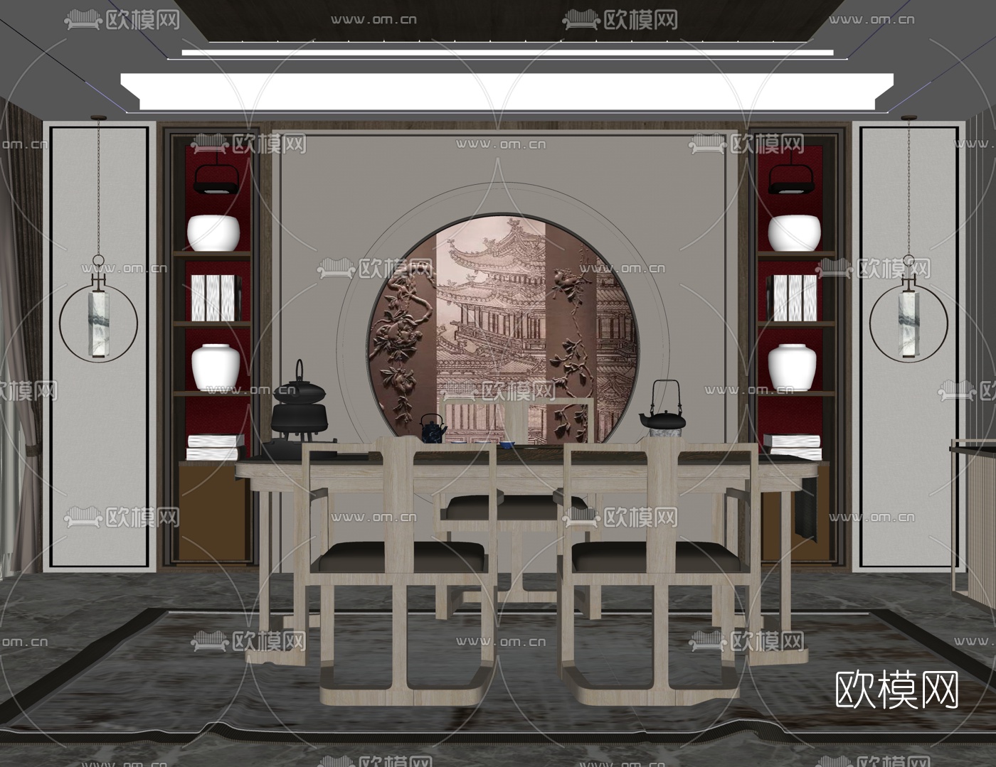 新中式书房su模型下载（渲染图2）